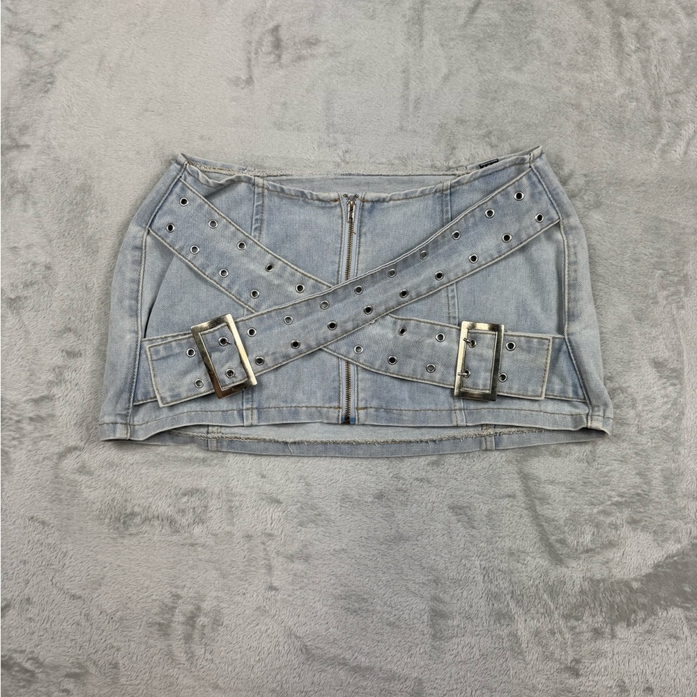 SHEIN Denim Mini Skirt With Cross Eyelet Tie And Zipper Front M(6)